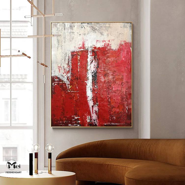 White Original Hand-painted Dining Red Abstract Canvas Artwork 0DZM6